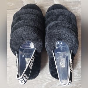 Ugg slippers/sandles, fluffy, black, heal strap